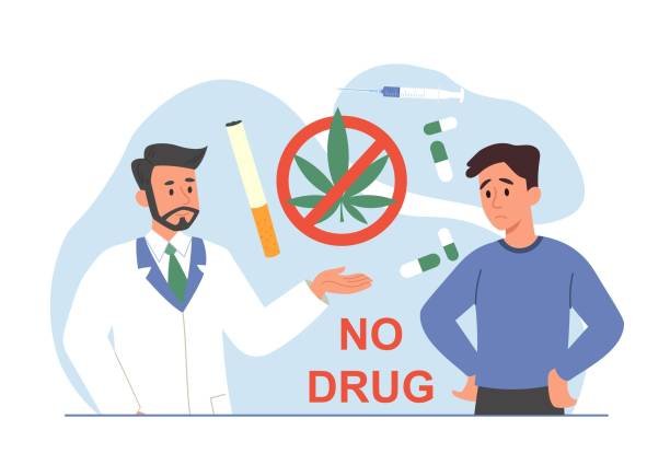 No use drugs. Doctor explains to person about dangers of hallucinogenic substances. Fighting addictions. Pills, injections, cigarettes and marijuana sprouts. Cartoon flat vector illustration